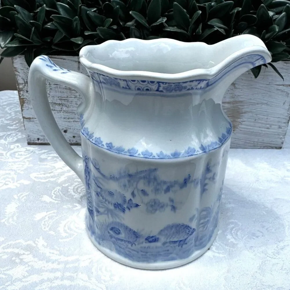 Gorgeous blue and white pitcher; Furnivals Quail 1913 England must see